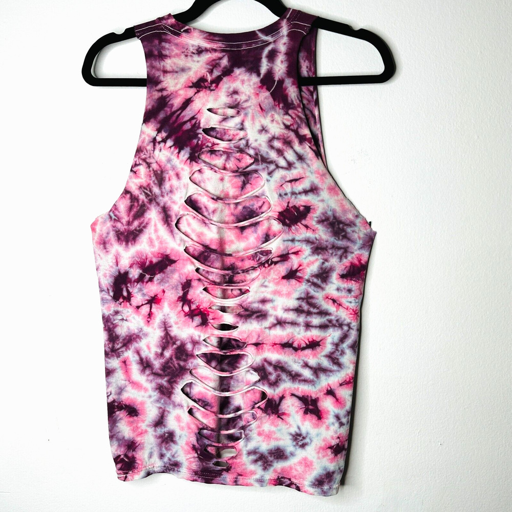 Sleeveless Cropped Hand Cut Out Plum & Pink Cream Tie Dye Crew Neck Top S - Picture 4 of 13